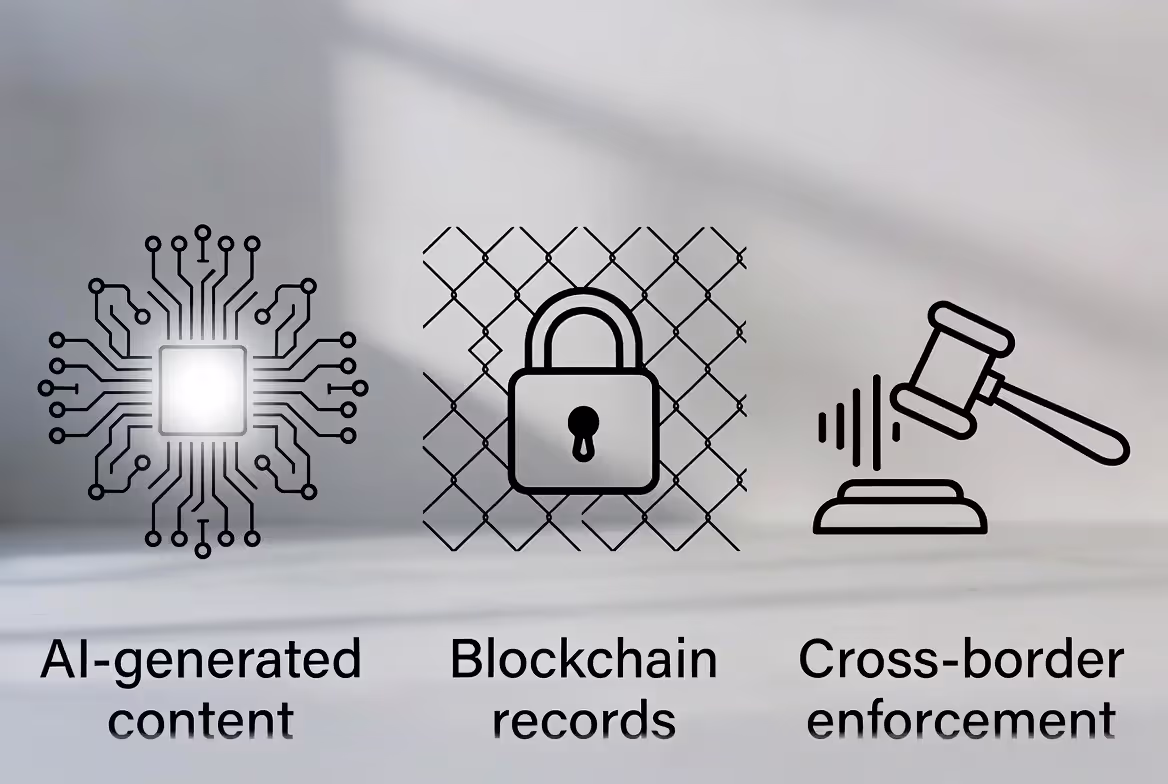 Three-panel graphic highlighting AI, blockchain, and global enforcement as key IP future issues.