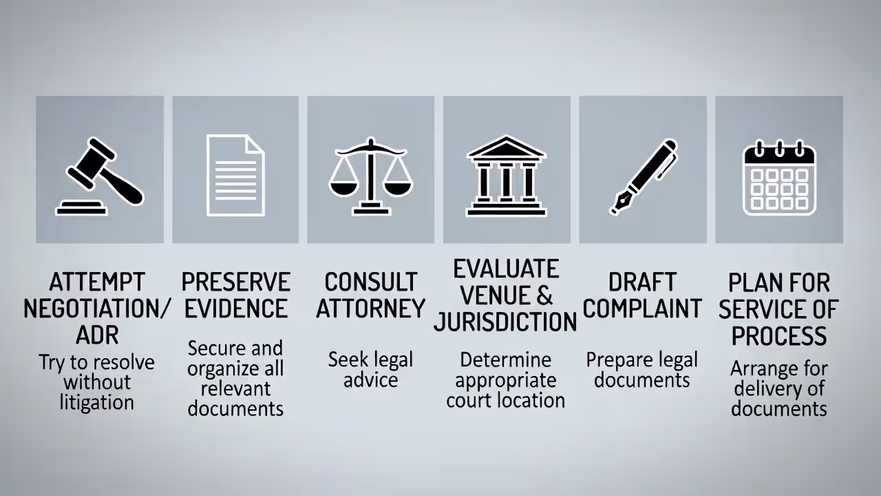Pre-filing checklist showing negotiation, evidence, legal review, and complaint preparation steps.
