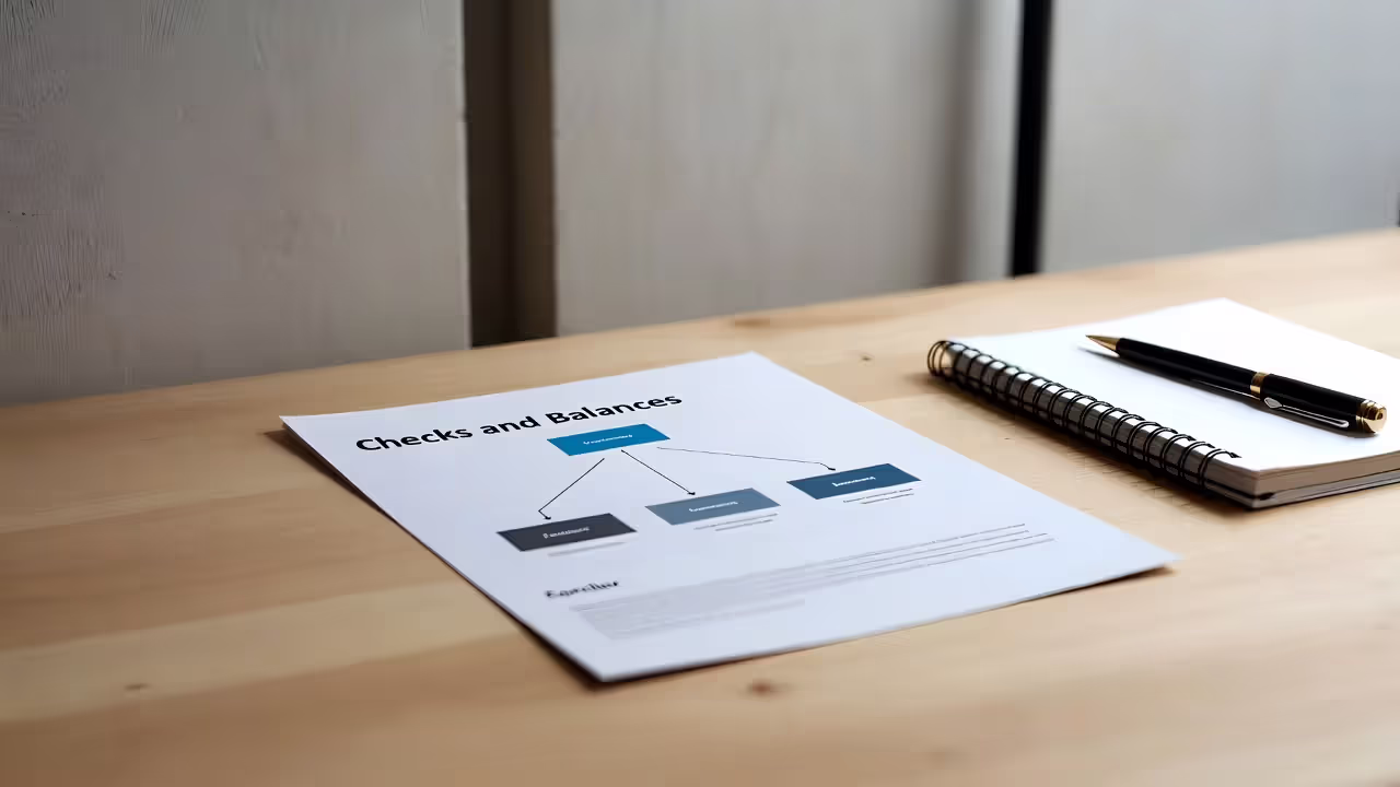 Desk with a blurred checks-and-balances style diagram and a notebook.