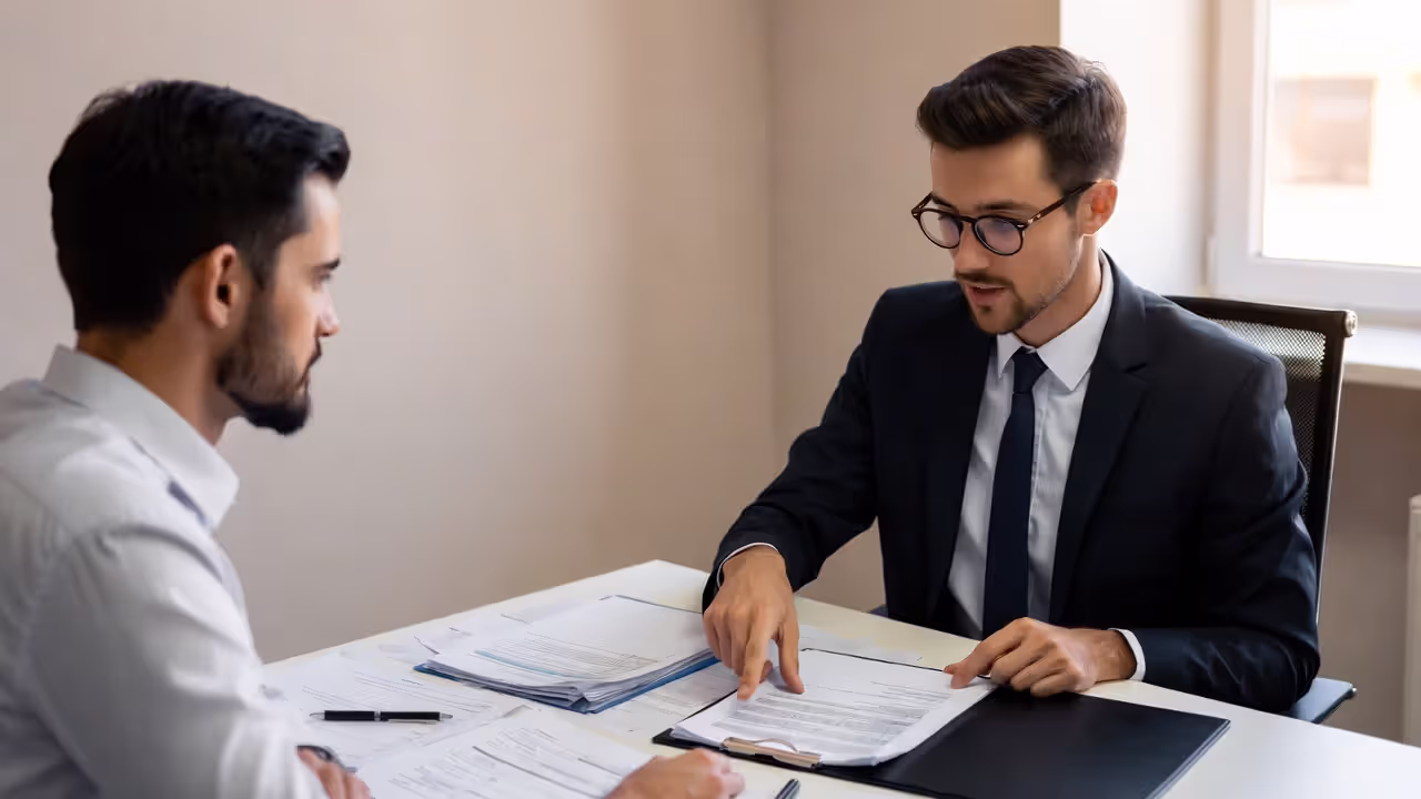 Attorney explaining legal documents to client during consultation meeting