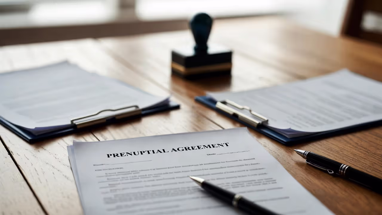Close-up of prenuptial agreement document ready for signature with two pens