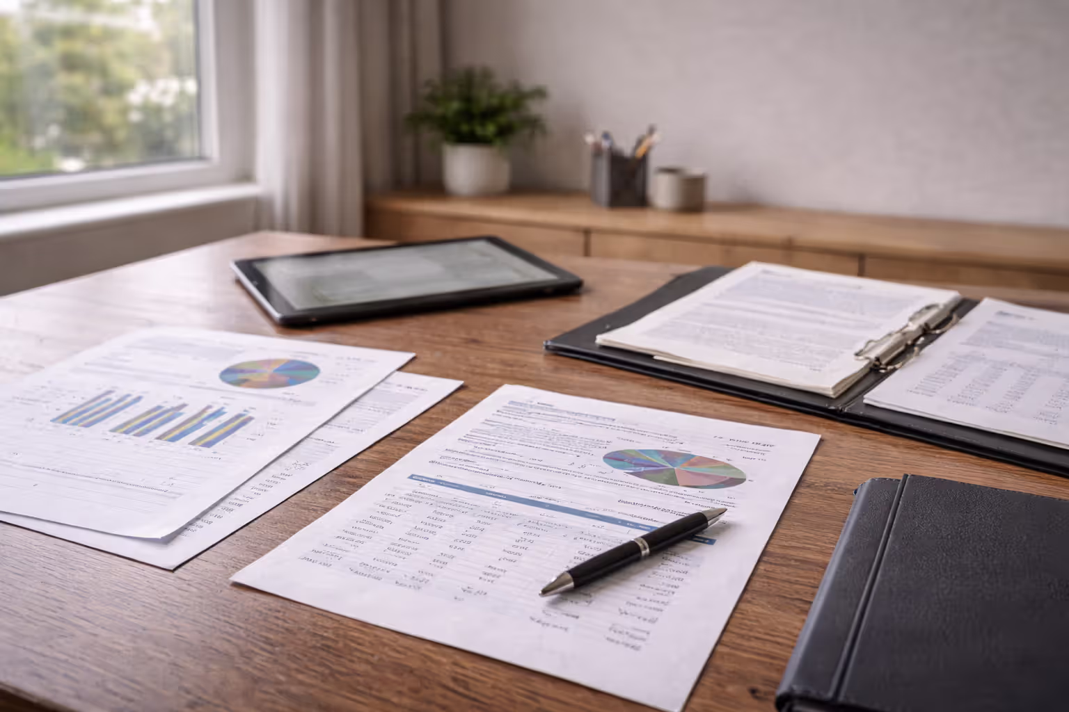 Desk with regulatory reports and compliance documents in corporate office