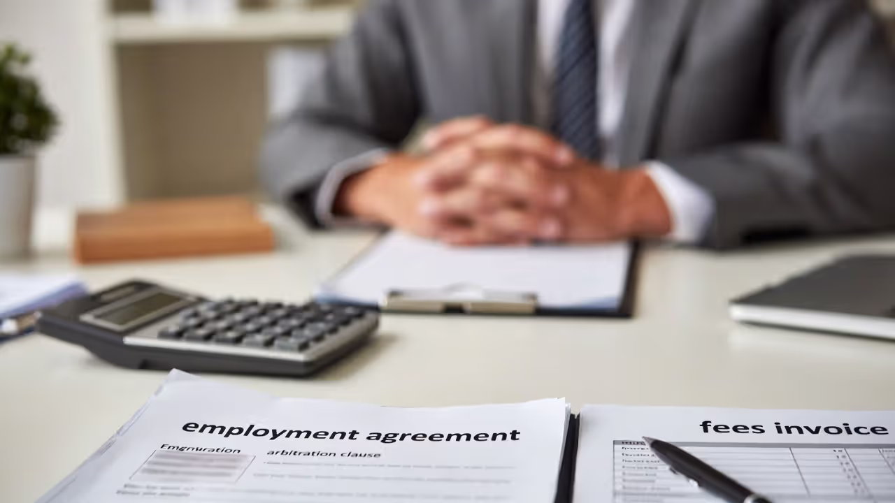 Arbitration award documents with travel items suggesting cross-border enforcement, all text blurred.