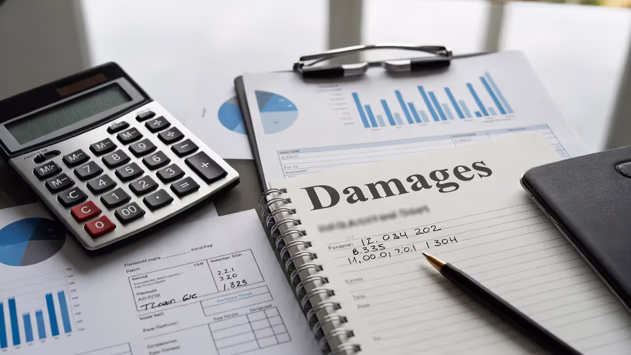 Legal documents and calculator used to calculate contract breach damages