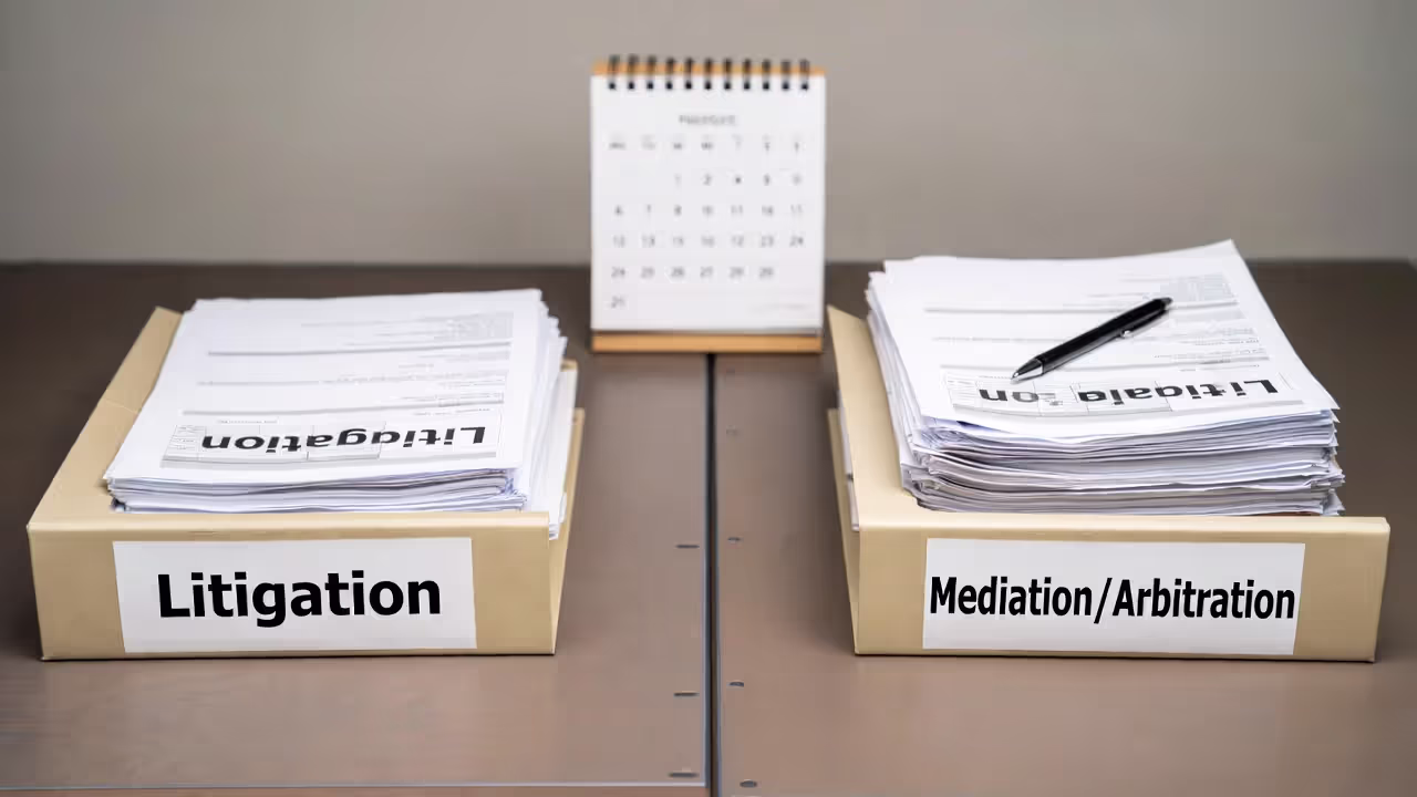 Two document folders representing litigation and mediation options on an office desk