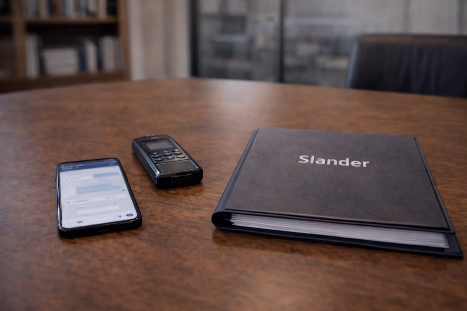 Smartphone and microphone on desk symbolizing spoken defamation