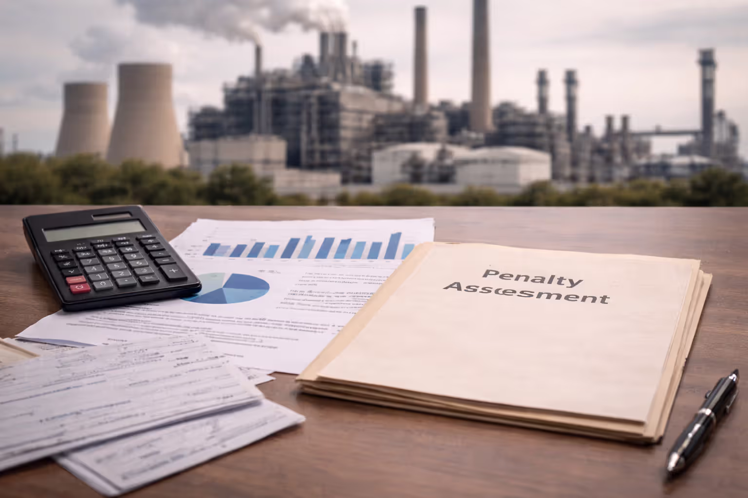 Industrial facility with financial penalty documents and calculator