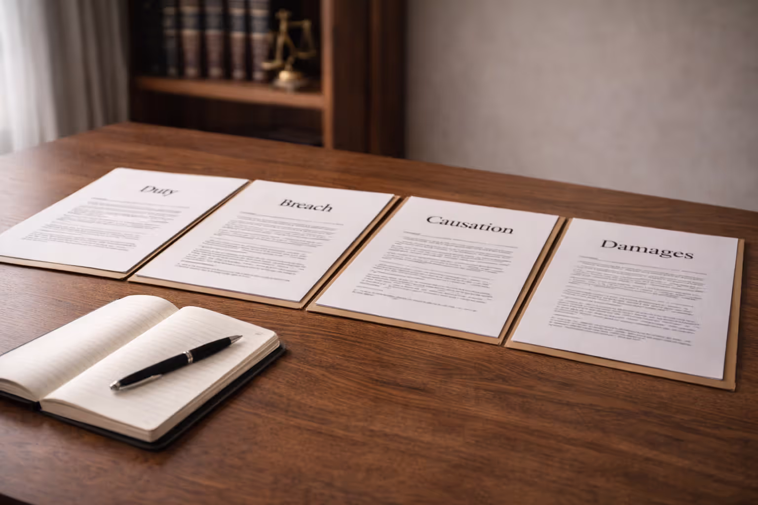 Legal desk with documents representing duty, breach, causation, and damages