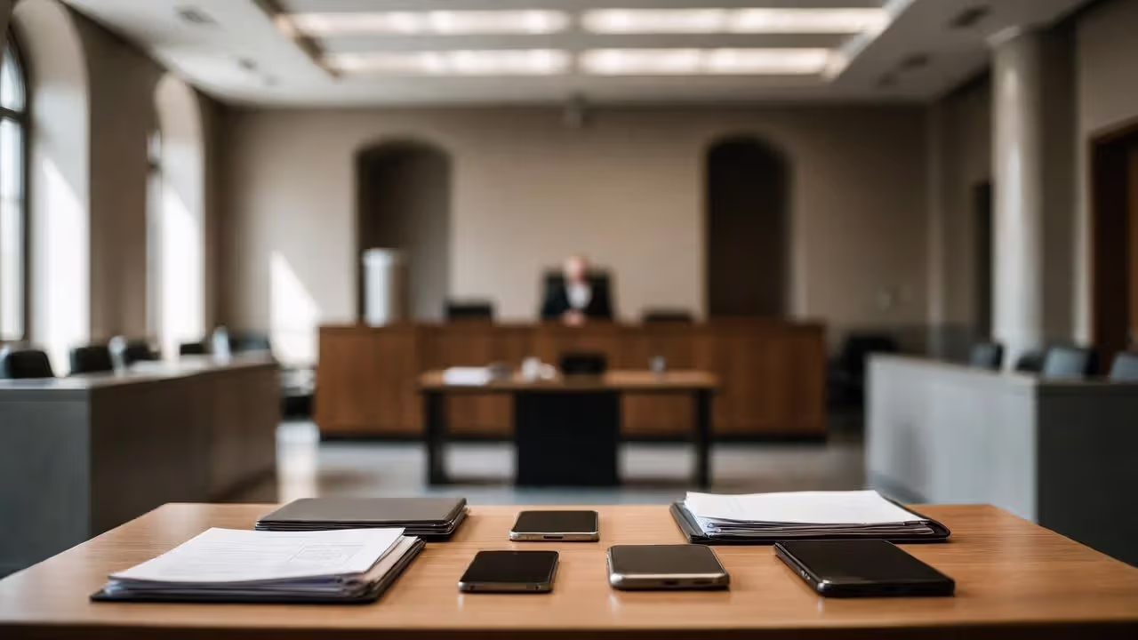 Courtroom scene with smartphones and legal documents during patent dispute
