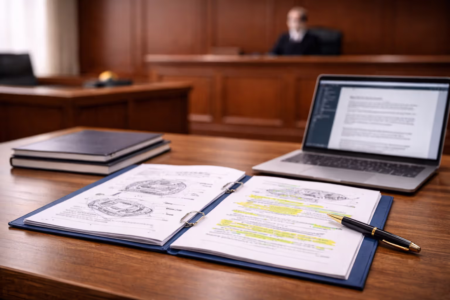 Court hearing with patent documents highlighted for claim construction