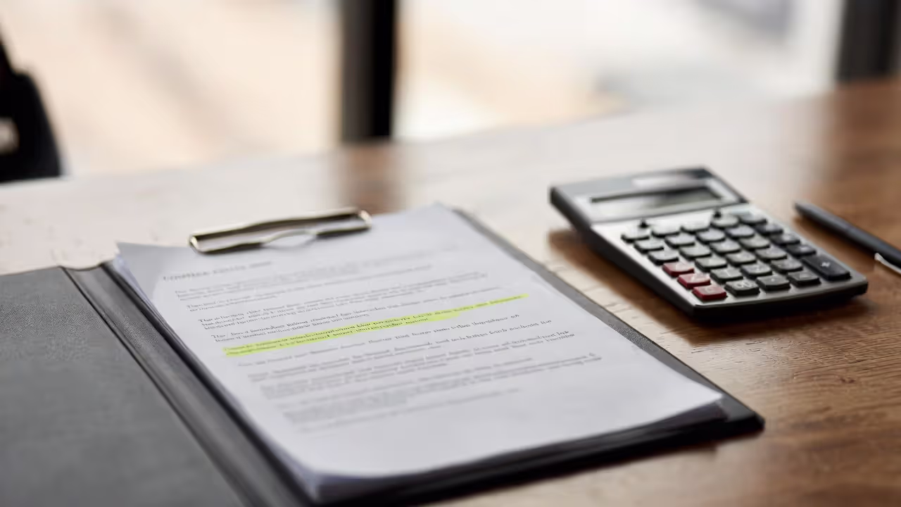 Contract with highlighted clause, calculator, and pen on desk, representing review of key legal terms.