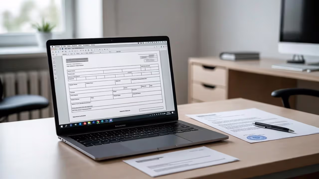 Laptop with blurred online form and printed document on desk, symbolizing copyright registration process.