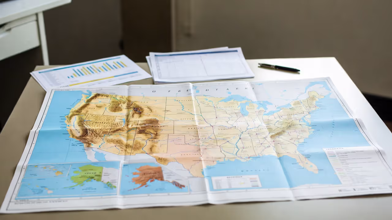 Blurred map of the United States with employment documents on a desk