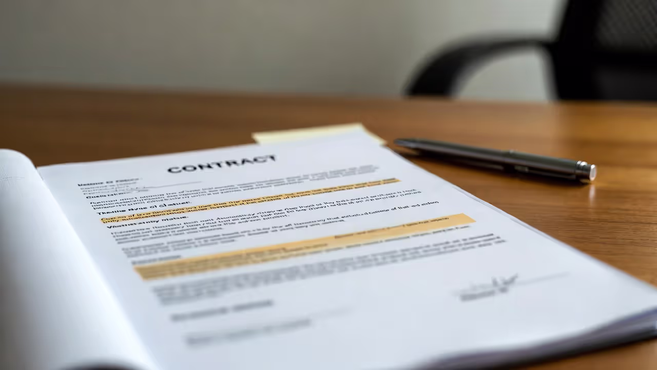 “Open contract on a desk with a blurred highlighted clause and a pen, suggesting an ADR clause review.”