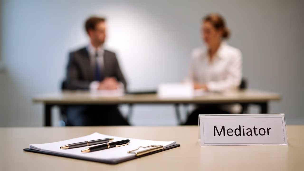 “Mediation meeting room with a blurred ‘mediator’ nameplate, notepad, and two participants out of focus.”