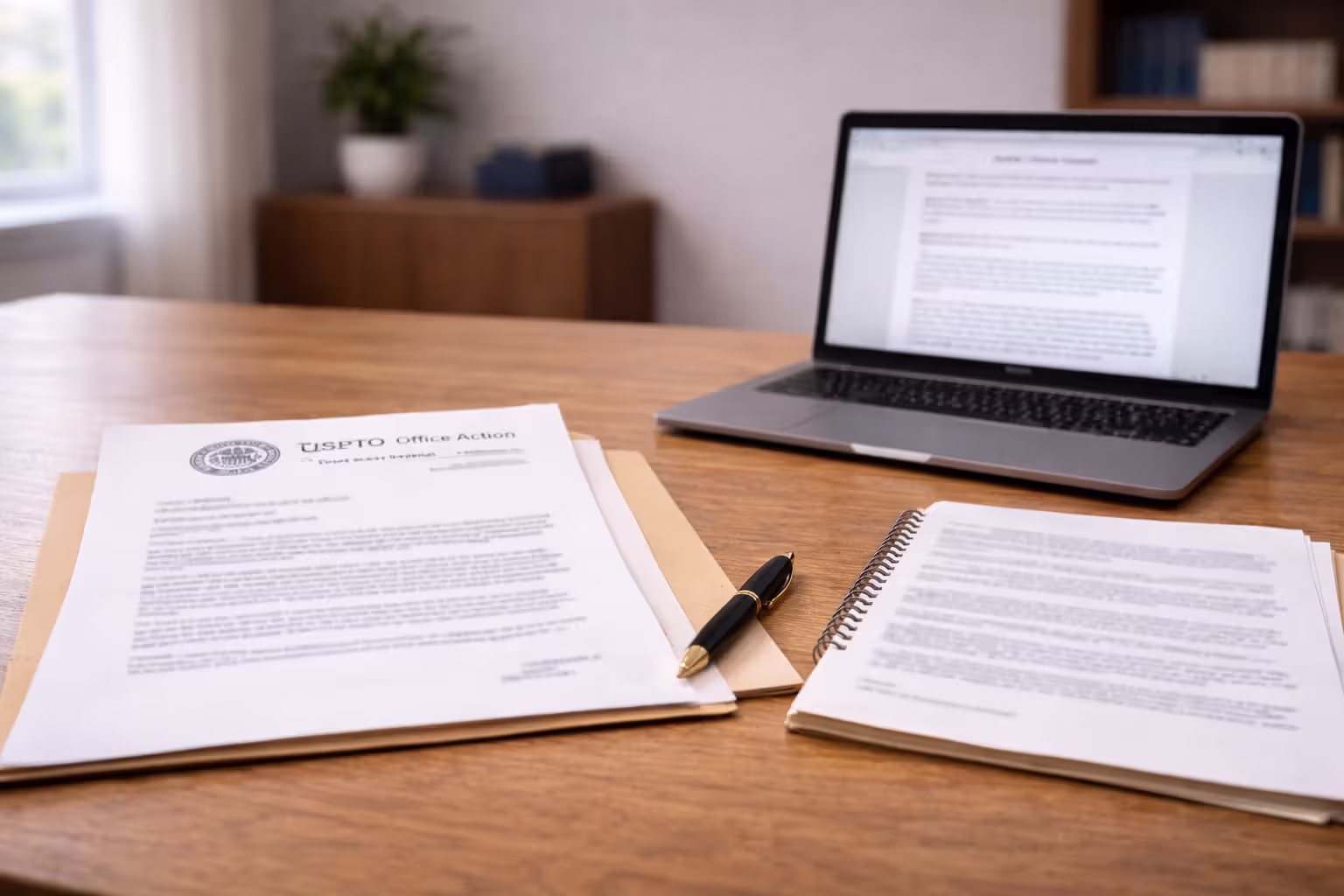 Blurred USPTO office action letter and response draft on a lawyer’s desk