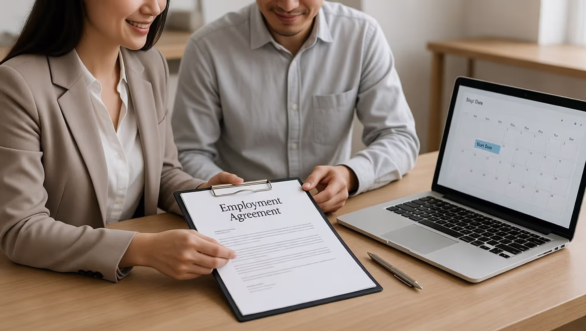 Business owner and employee reviewing an employment agreement at a desk