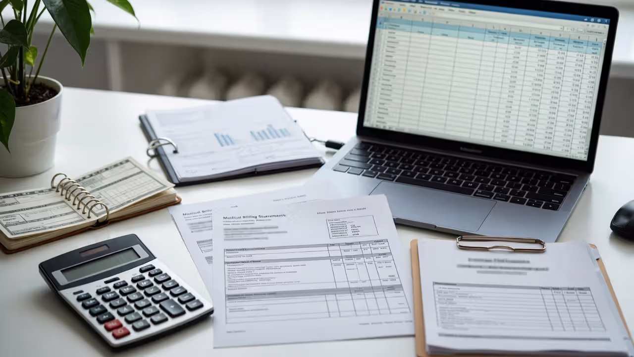 Medical bills, calculator, and financial documents used to calculate tort damages