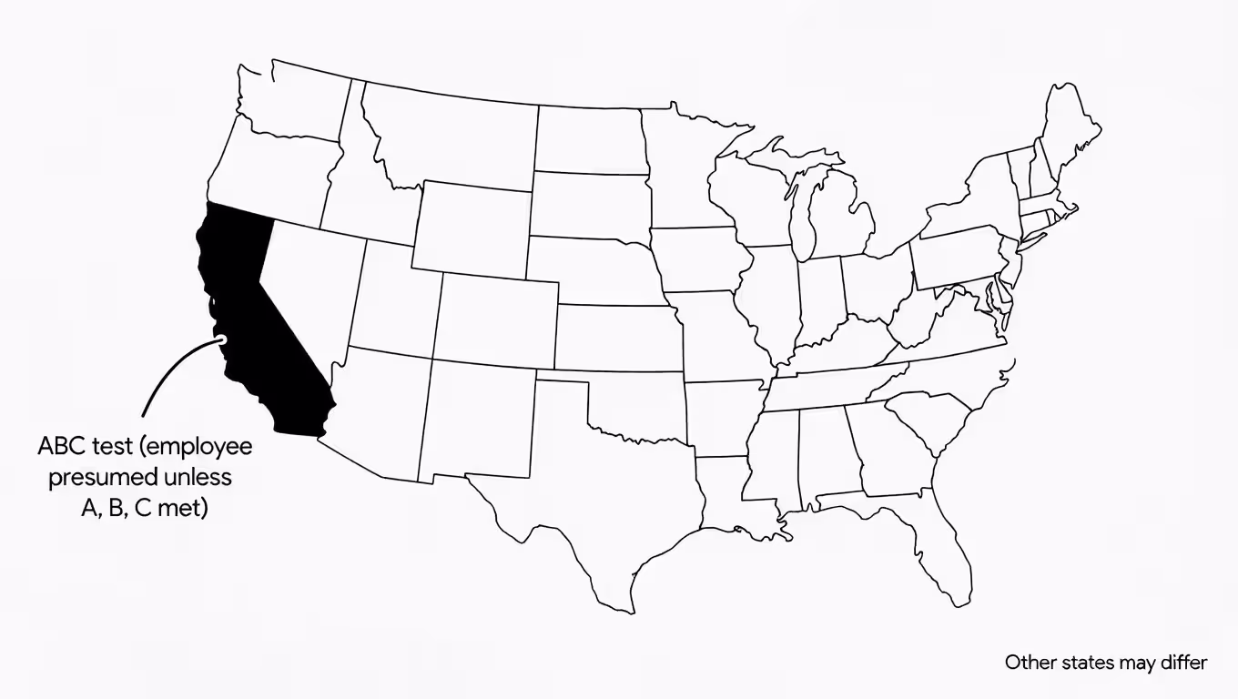 U.S. map highlighting California and noting the ABC test for worker classification