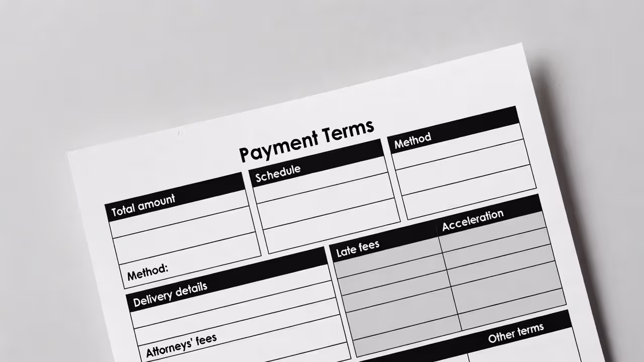 Template card listing required settlement payment term details