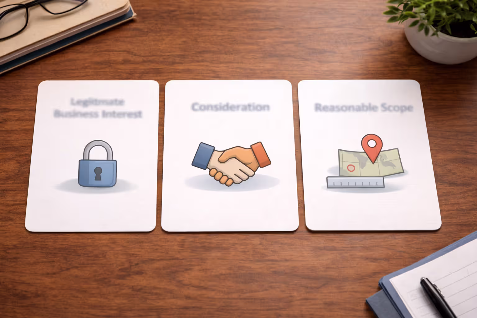 Three key elements of enforceable non-compete agreement shown with icons